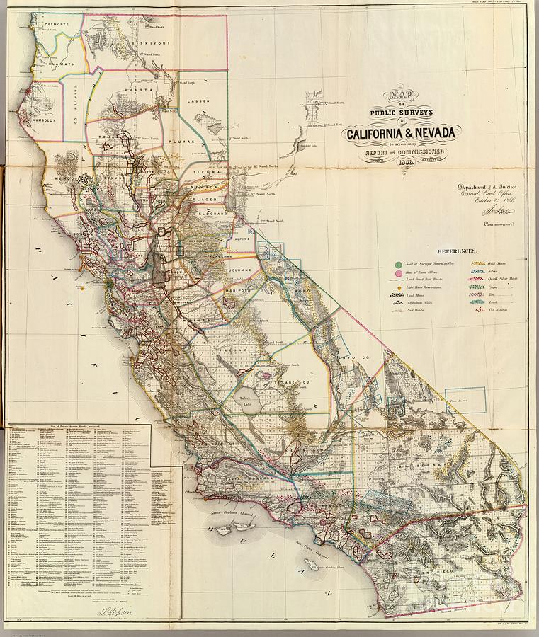 Map of Public Surveys in California and Nevada to accompany report of the commissioner Painting by Vintage Collectables