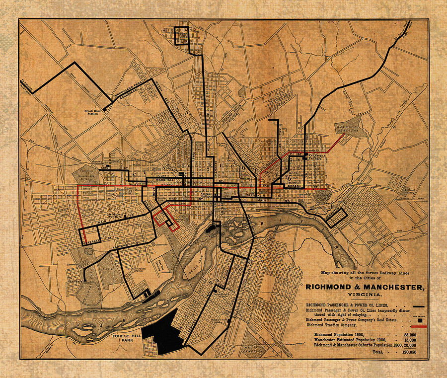 Richmond Mixed Media - Map of Richmond Virginia Vintage Street Car Railway Schematic from 1901 on Worn Distressed Canvas by Design Turnpike