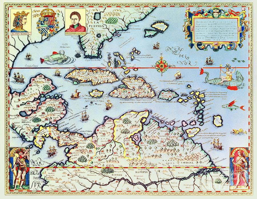 Map Painting - Map of the Caribbean islands and the American state of Florida  by Theodore de Bry