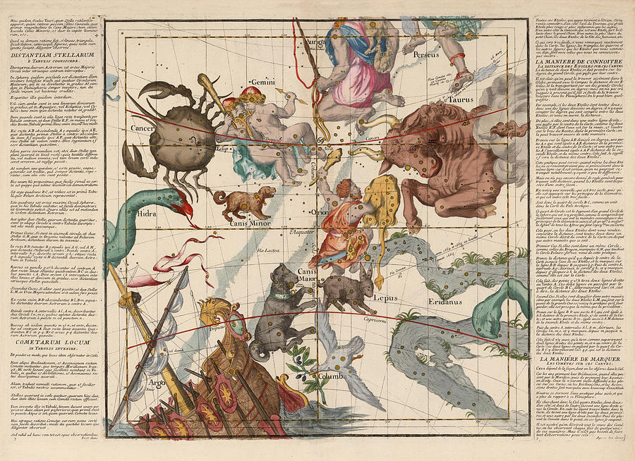 Map Of The Constellations Cancer, Taurus, Gemini, Orion - Celestial Map - Antique Map Of The Sky Drawing