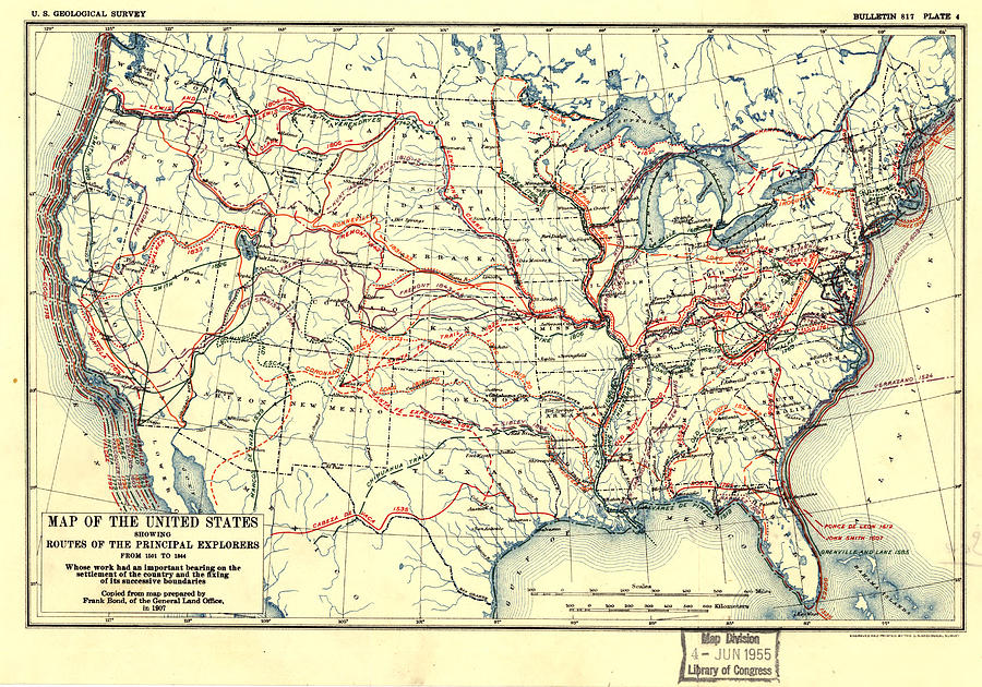 Map of the United States showing routes of principal explorers Painting by Frank Bond