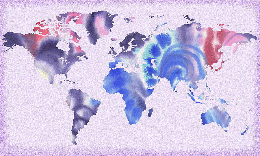 Map Of The World In Purple And Blue Painting by Irina Sztukowski