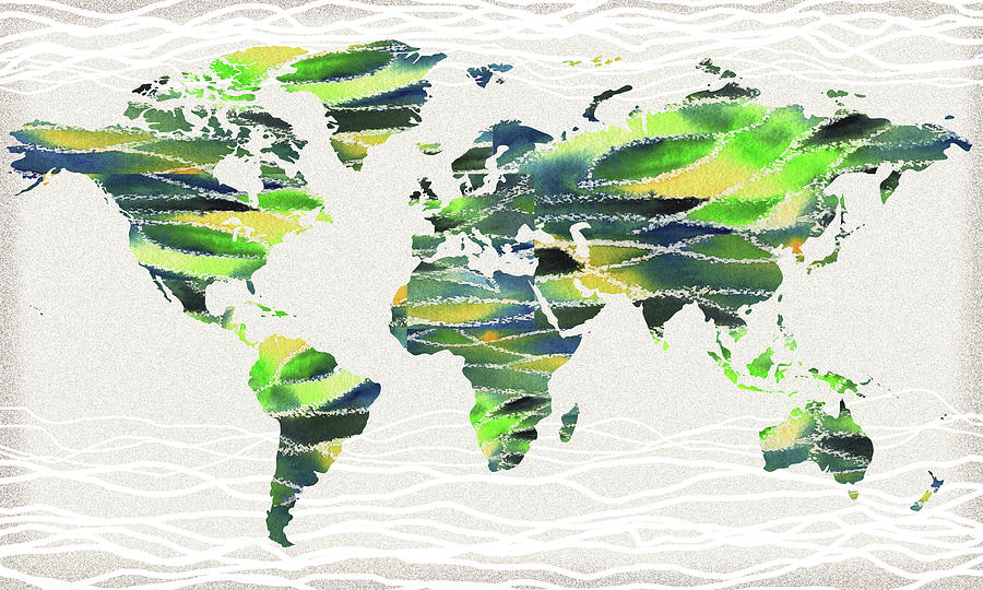 Map Of The World In Watercolor Waves Painting
