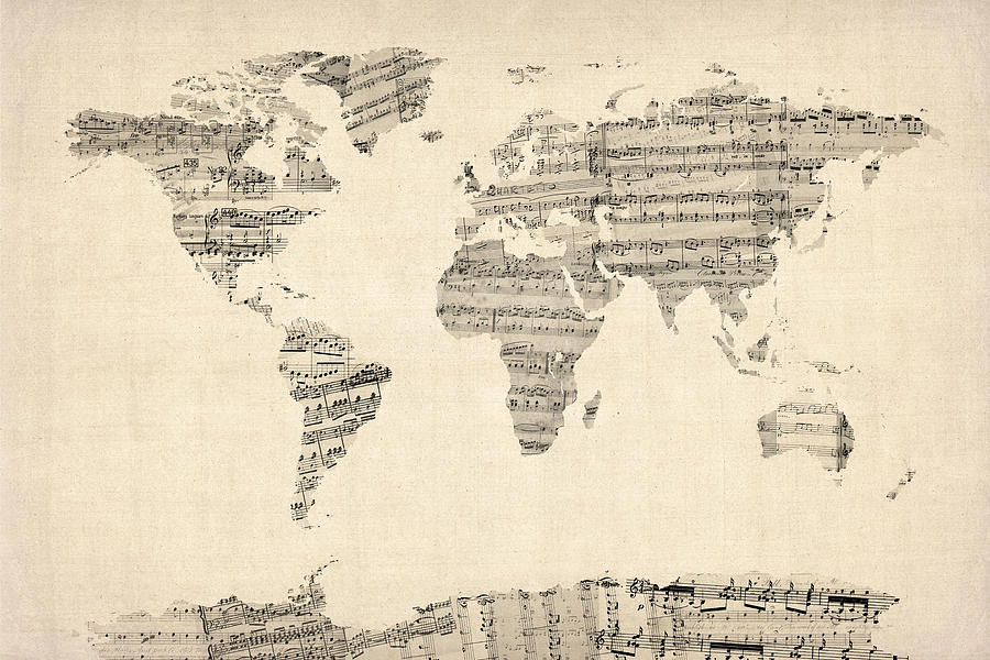 Map of the World Map from Old Sheet Music Digital Art by Michael Tompsett