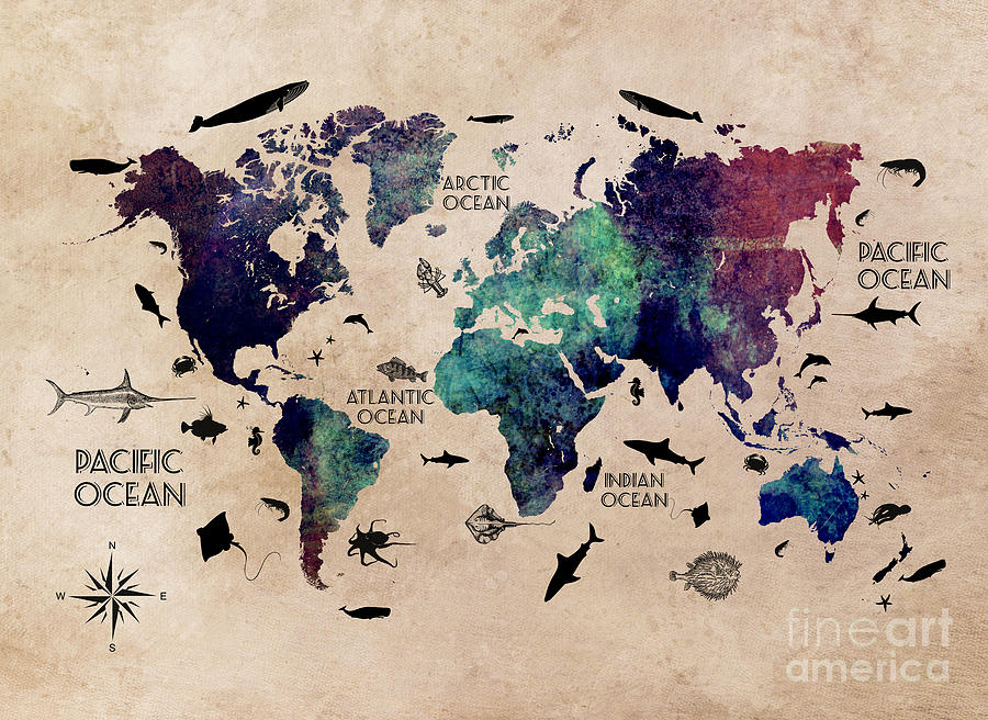 Map Digital Art - Map of the World oceans by Justyna Jaszke JBJart