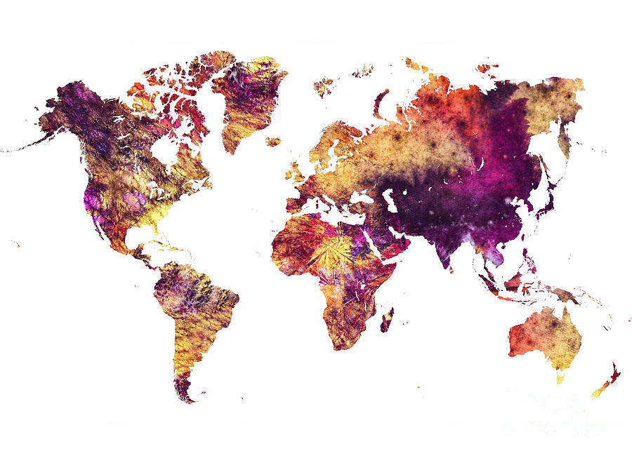 Map of the world purple Digital Art by Justyna Jaszke JBJart