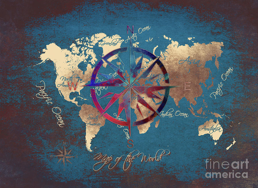 Map Of The World Wind Rose 4 Digital Art by Justyna Jaszke JBJart