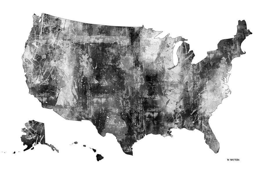 Map of U.S.A. Black and White Digital Art by Marlene Watson