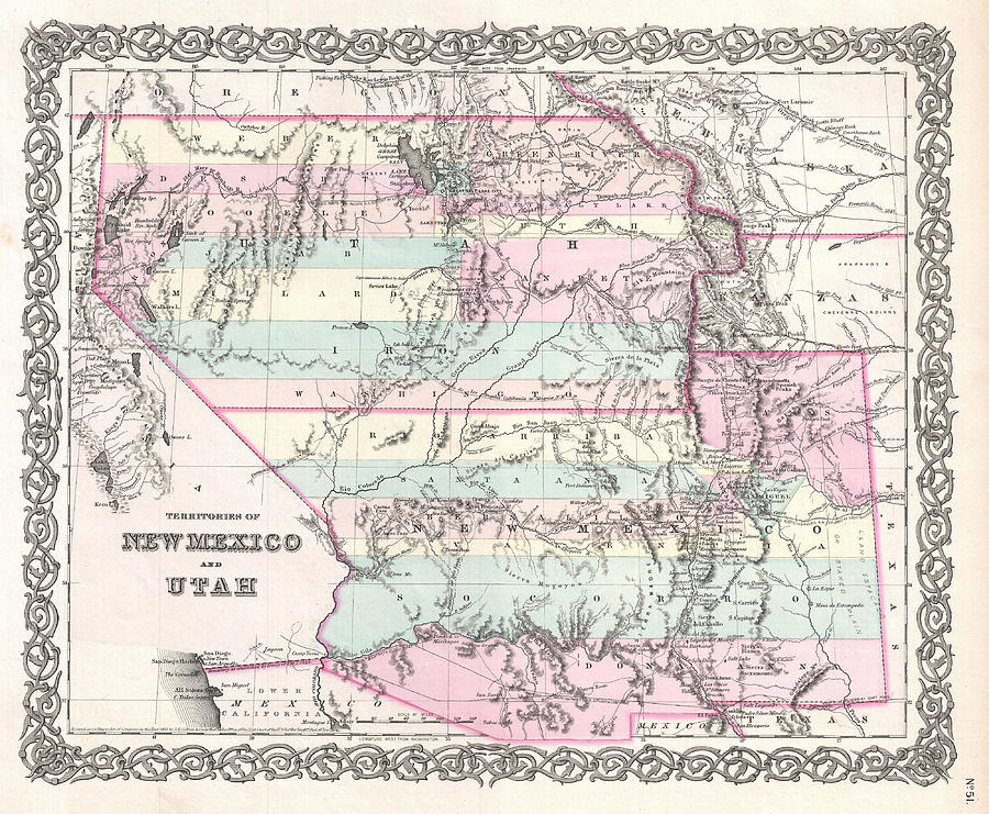 Map of Utah and New Mexico Drawing by Joseph Hutchins Colton