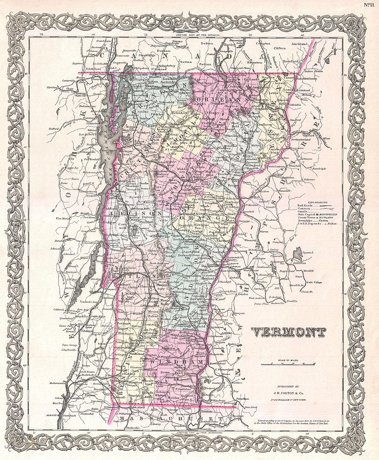 Map of Vermont Drawing by Joseph Hutchins Colton