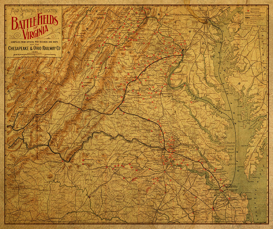 Vintage Mixed Media - Map of Virginia Battlefields Civil War Circa 1892 on Worn Distressed Vintage Canvas by Design Turnpike