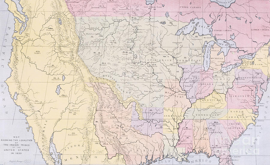 Map showing the localities of the Indian tribes of the US in 1833 Painting by Thomas L McKenney and James Hall