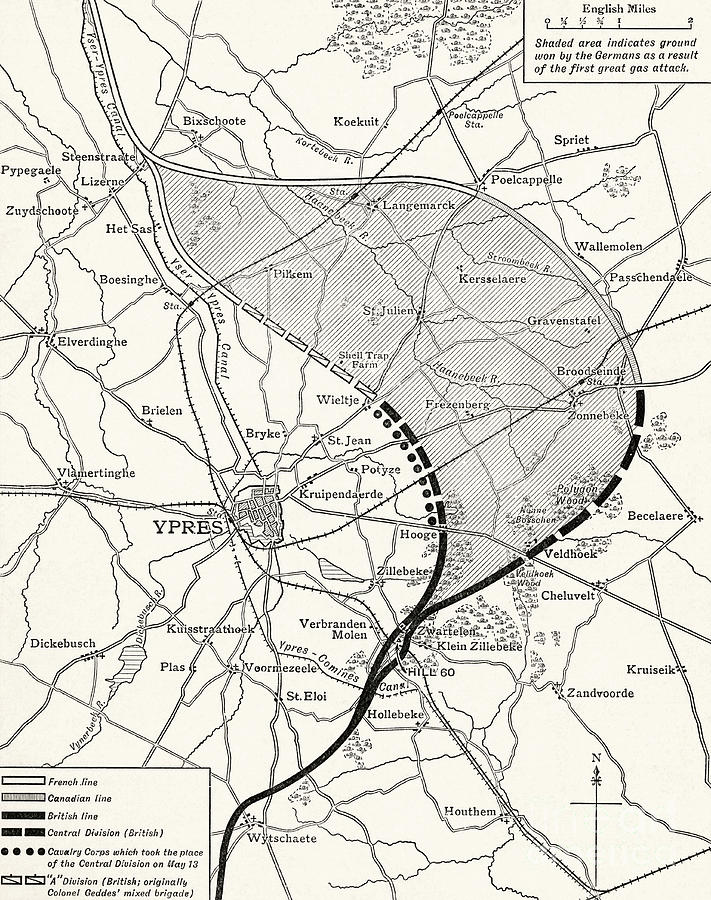 Map showing the Ypres Salient before and after the Second Battle of Ypres Drawing by English School