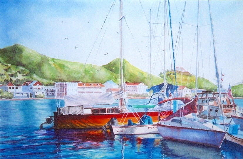 Watercolor Painting Painting - Maragot Harbor by Laura Lee Zanghetti Watercolor Painting Painting - Maragot Harbor by Laura Lee Zanghetti