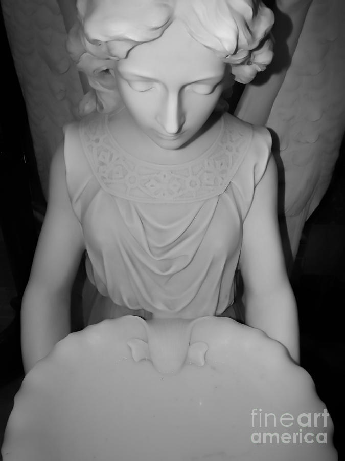 Marble Angel Holy Water Font in Soft Black and White Photograph by Rose Santuci-Sofranko