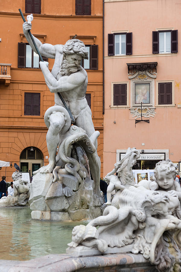 Pigeon Photograph - Marble Muscles - Fountain of Neptune Piazza Navona Rome Italy by Georgia Mizuleva