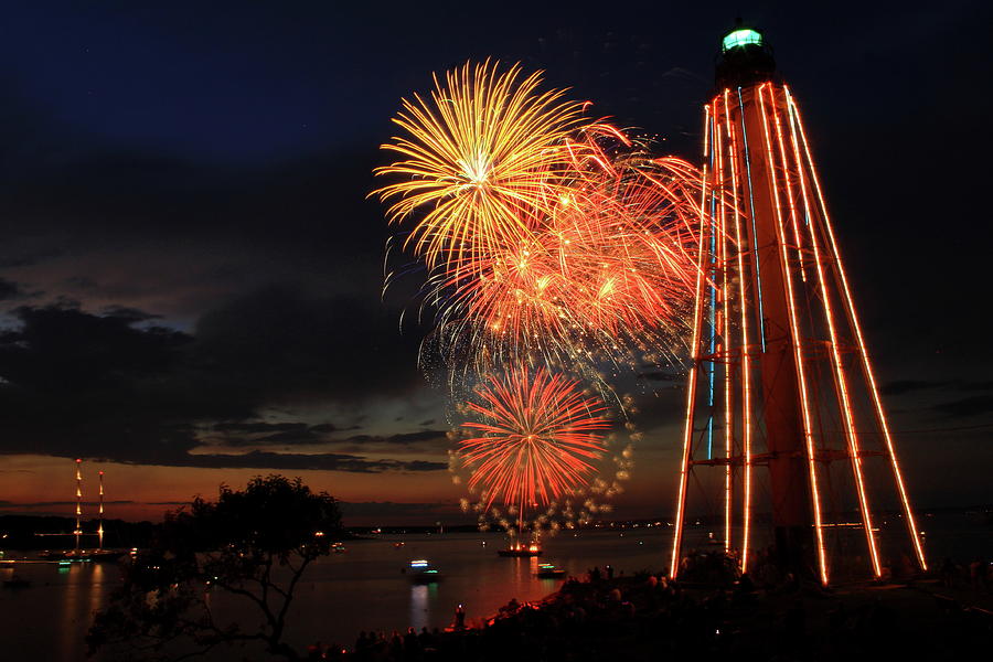 Marblehead Fireworks and Lighthouse Photograph by John Burk