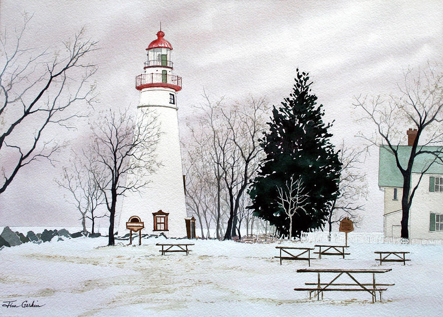 Winter Painting - Marblehead Light in Winter by Jim Gerkin
