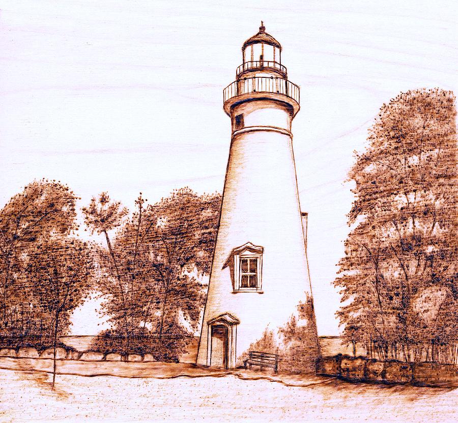 Lighthouse Pyrography - Marblehead Lighthouse by Danette Smith