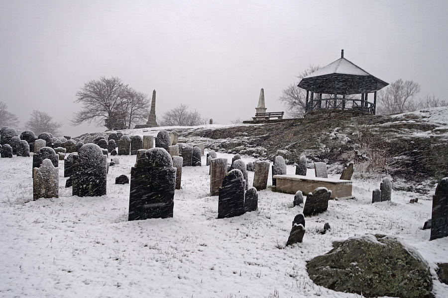 Marblehead MA Old Burial Hill Cemetery in the Winter Snow Gazebo Photograph by Toby McGuire