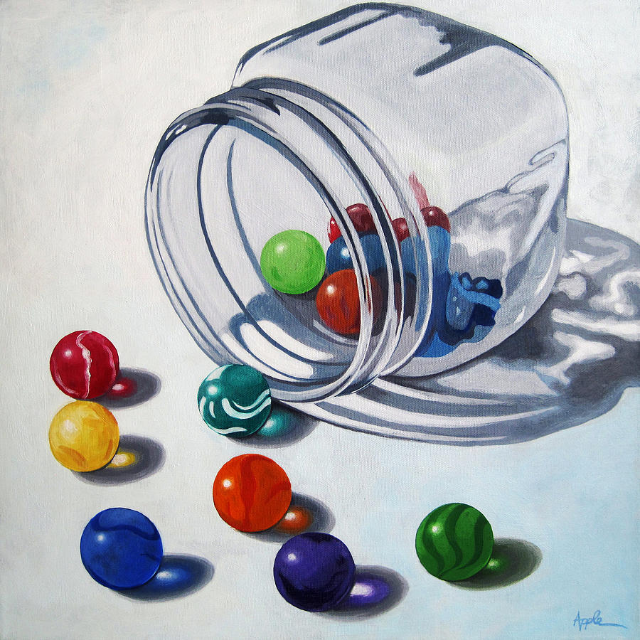 Marbles and Glass Jar still life painting Painting by Linda Apple