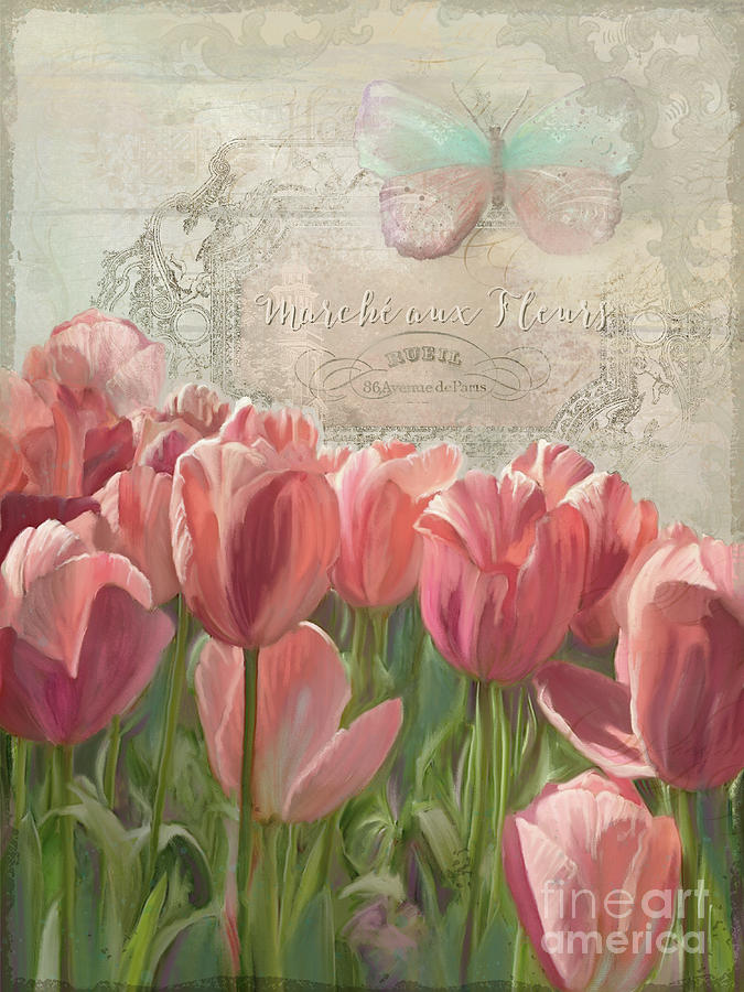 Marche aux Fleurs 3 - Butterfly n Tulips Painting by Audrey Jeanne Roberts