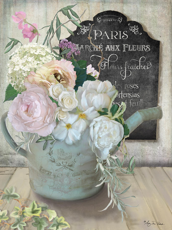 Marche Paris Fleur Vintage Watering Can with Peonies Painting by Audrey Jeanne Roberts