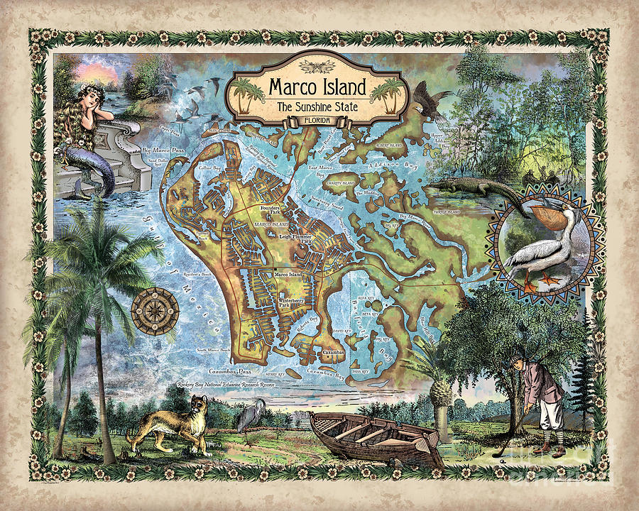 Marco Island, HandPainted Historic map, flordia map,coastal art