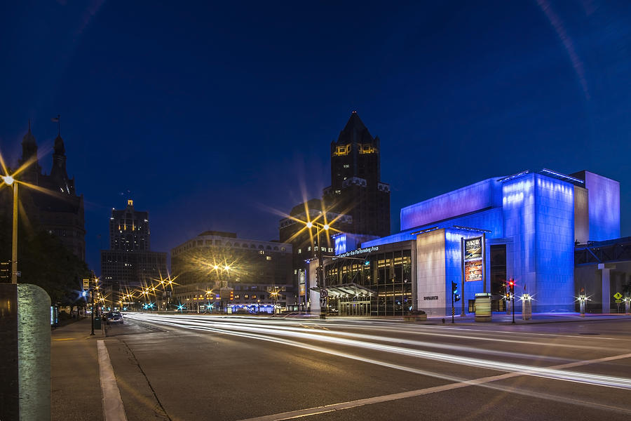 Center for Performing arts building at dusk in Milwaukee Photograph by Sven Brogren