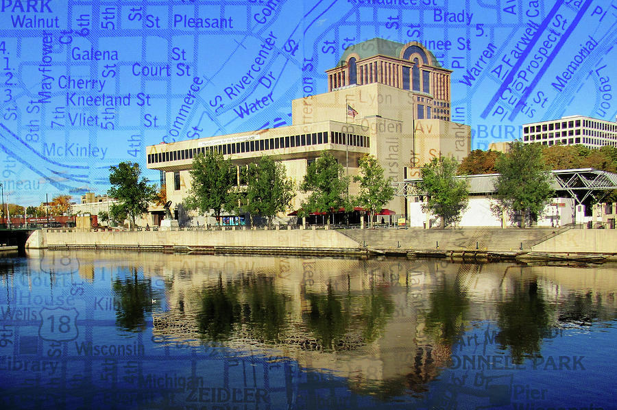 Milwaukee Photograph - Marcus Center River Reflection w Map by Anita Burgermeister