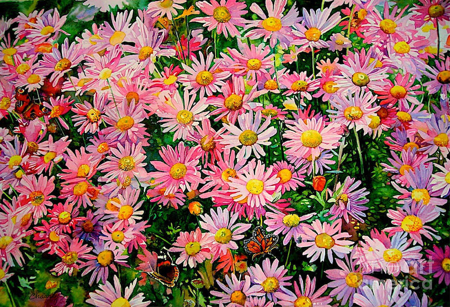 Marguerites et Papillons Painting by Francoise Chauray