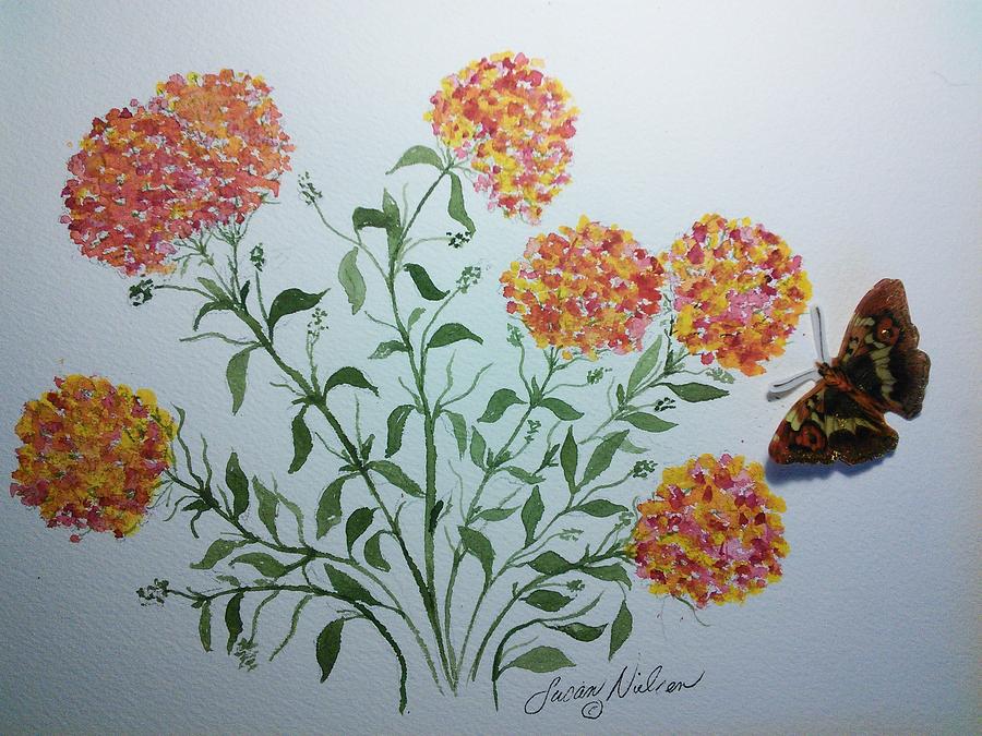 Marigolds adorned with a beautiful Butterfly Painting by Susan Nielsen