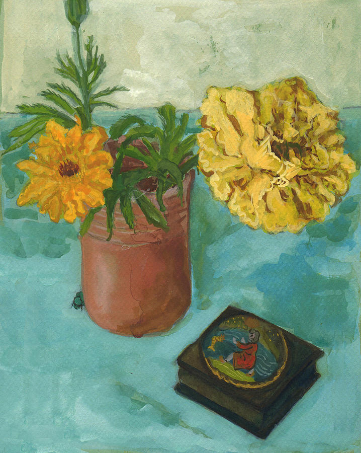 Greek Painting - Marigolds and June Bugs by Laura Wilson