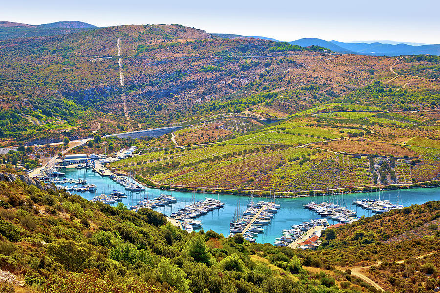 Marina in bay near Primosten aerial view Photograph by Brch Photography