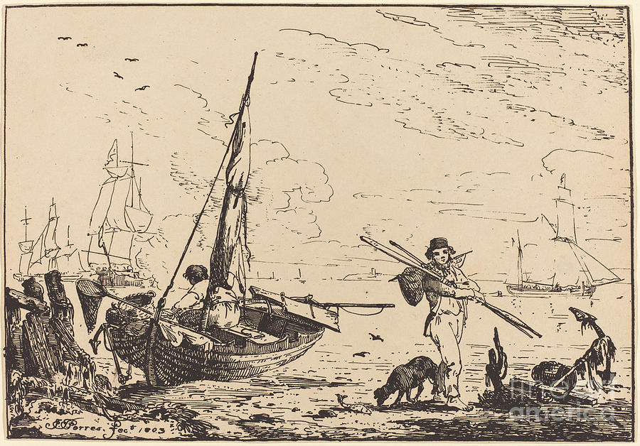 Marine: Fishing Boats On Shore, Man With Oars, Ship In Distance Drawing by  John Thomas Serres - Fine Art America