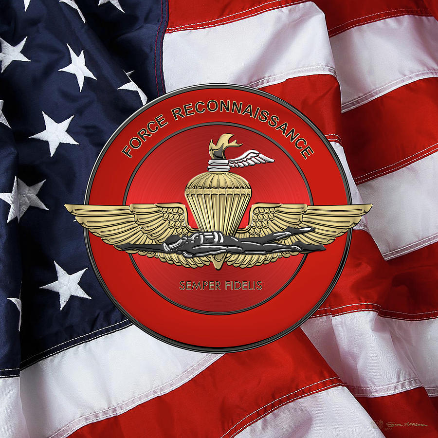 Marine Force Reconnaissance  -  U S M C   F O R E C O N  Insignia over American Flag Digital Art by Serge Averbukh