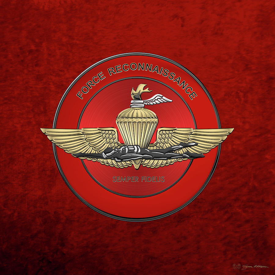 Marine Force Reconnaissance  -  U S M C   F O R E C O N  Insignia over Red Velvet Digital Art by Serge Averbukh