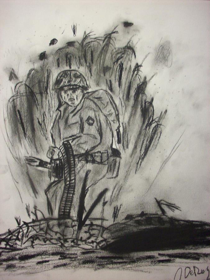 Charcoal Drawing - Marine Machine Gunner by John DeRoy