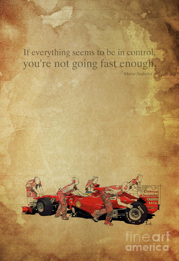Andretti Drawing - Mario Andretti quote and original Ferrari Team drawing. Gift for men. Office decoration by Drawspots Illustrations