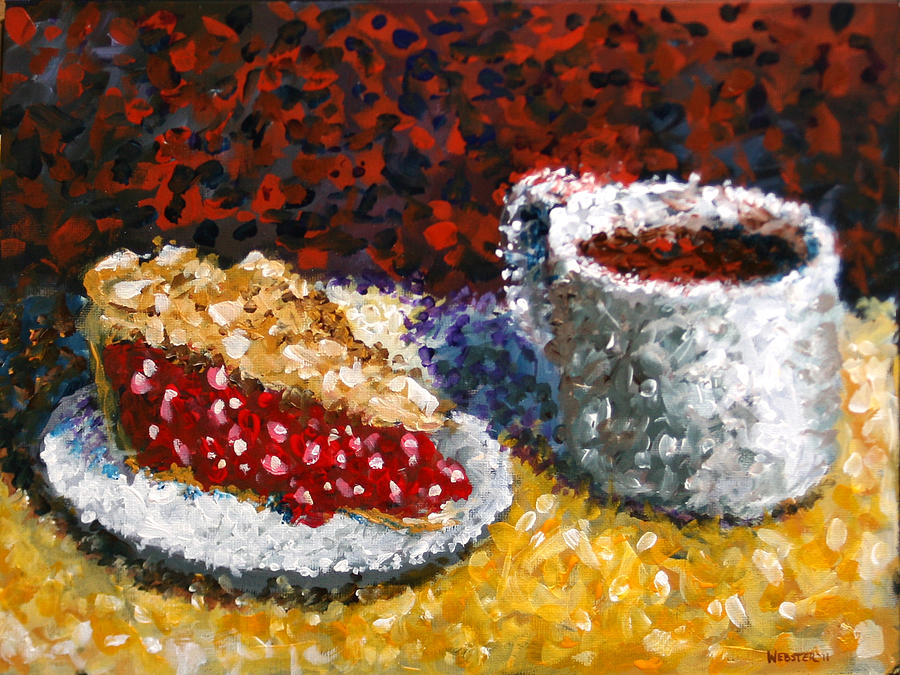 Mark Webster - Impressionist Cherry Pie with Coffee Acrylic Still Life Painting Painting by Mark Webster