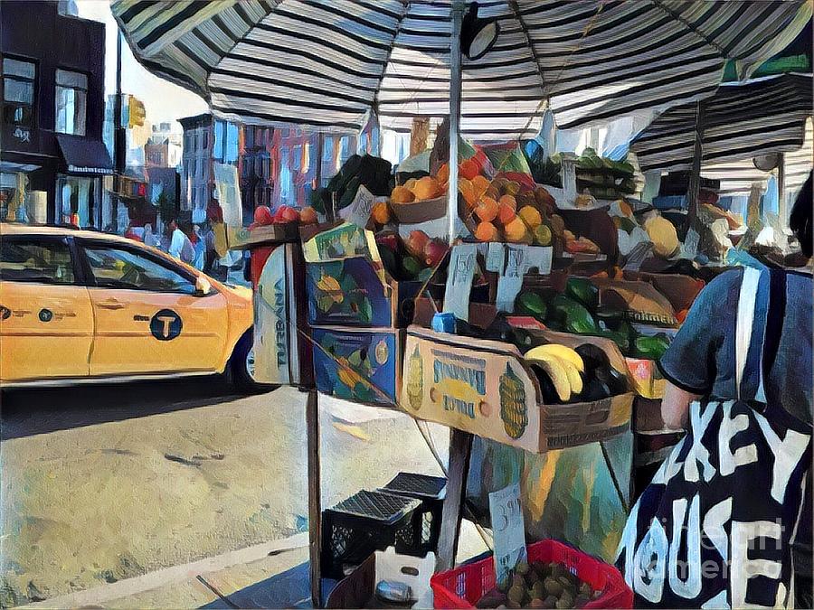 Market Day in New York - Fruitstand Umbrella and Taxi Photograph by Miriam Danar