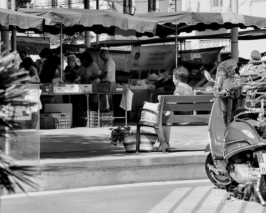 Market Figueres Spain Woman Scooter BW  Photograph by Chuck Kuhn