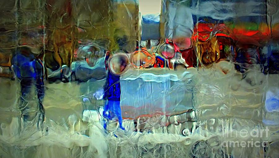 Market Square Shoppers photographed through a block of clear ice.   Photograph by Len-Stanley Yesh