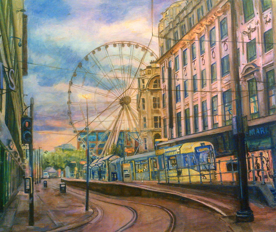 Market Street Metrolink Tramstop With The Manchester Wheel  Painting by Rosanne Gartner