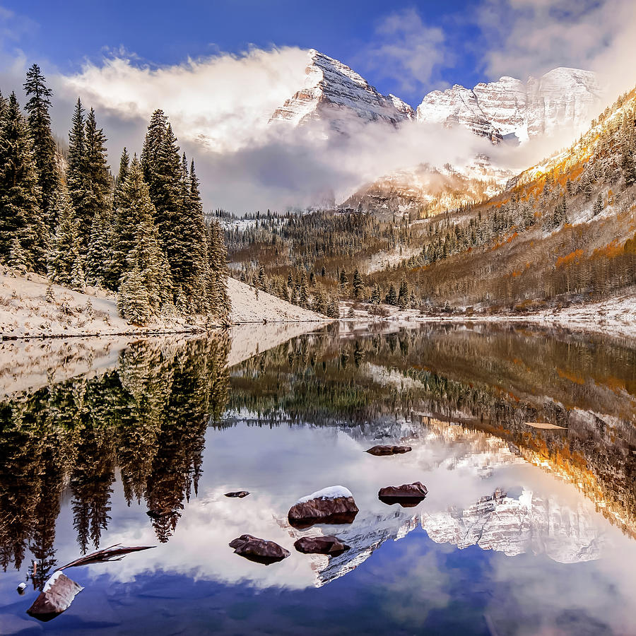 Maroon Bells Autumn Mountain Reflective Landscape - 1x1 Square Format Photograph by Gregory Ballos