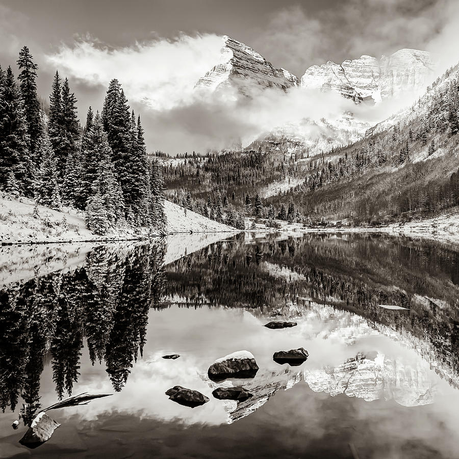 Mountain Photograph - Maroon Bells Autumn Mountain Reflective Landscape - Sepia 1x1 Square Format by Gregory Ballos