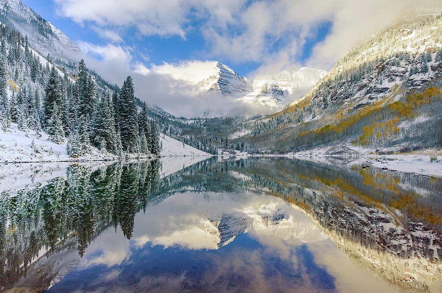 Nature Photograph - Maroon Bells Colorado Mountain Landscape Reflection by Gregory Ballos