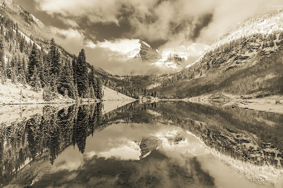 Maroon Bells Colorado Mountain Landscape Reflection - Sepia Edition Photograph