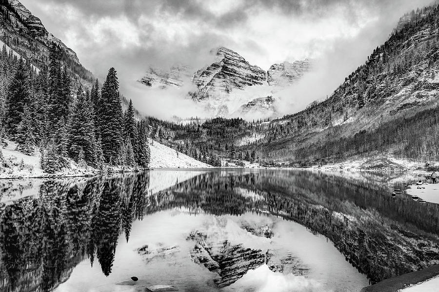 Maroon Bells Covered in Clouds - Black and White Photograph by Gregory Ballos