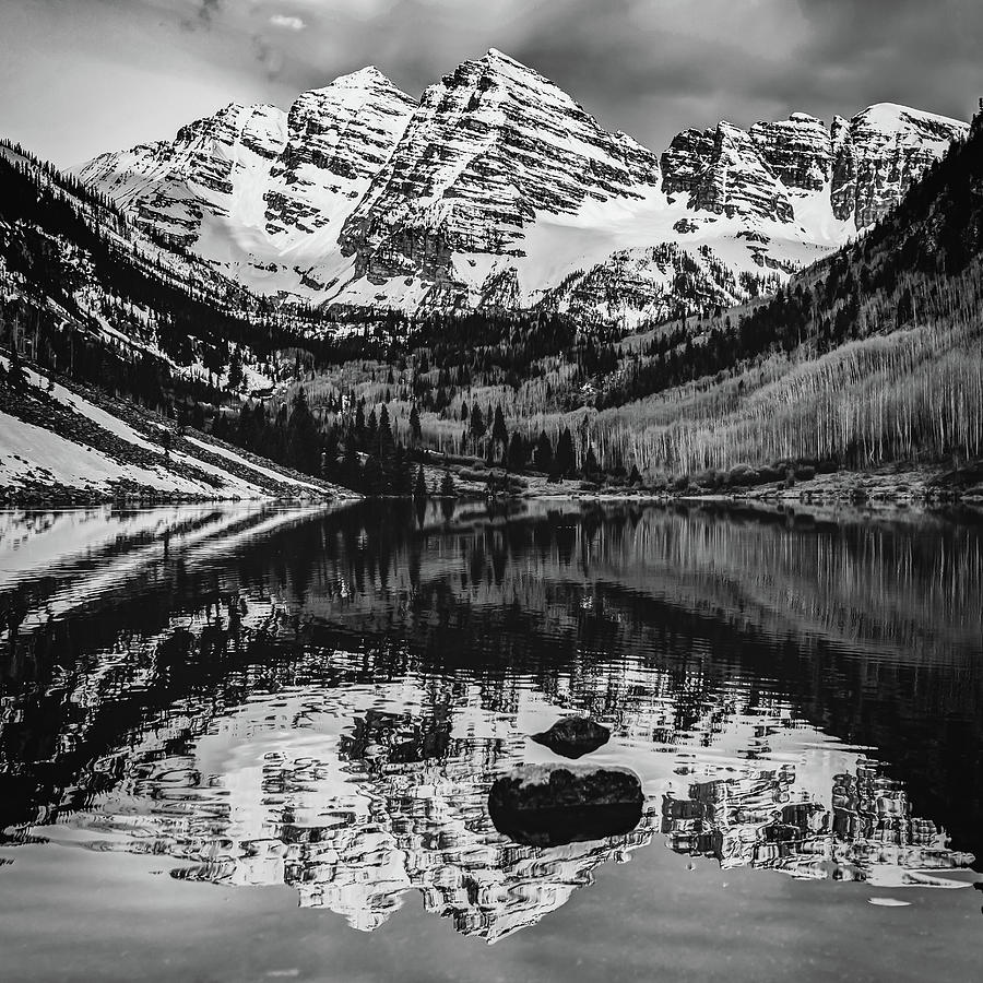 Black And White Photograph - Maroon Bells in BW by Gregory Ballos